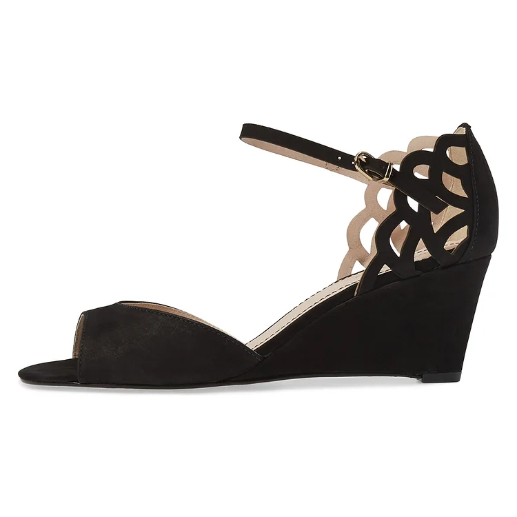Black Peep Toe Wedge Sandals with Laser Cut Heels Vdcoo