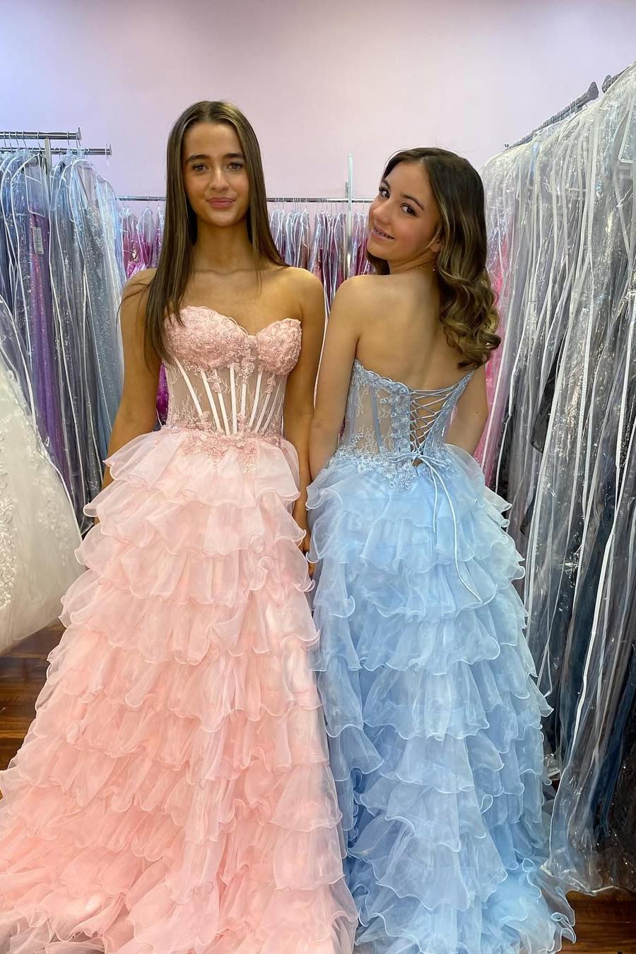 Exquisite Sweetheart Blushing Pink Tulle Strapless Ruffles Prom Dress with Applique | MS0443 