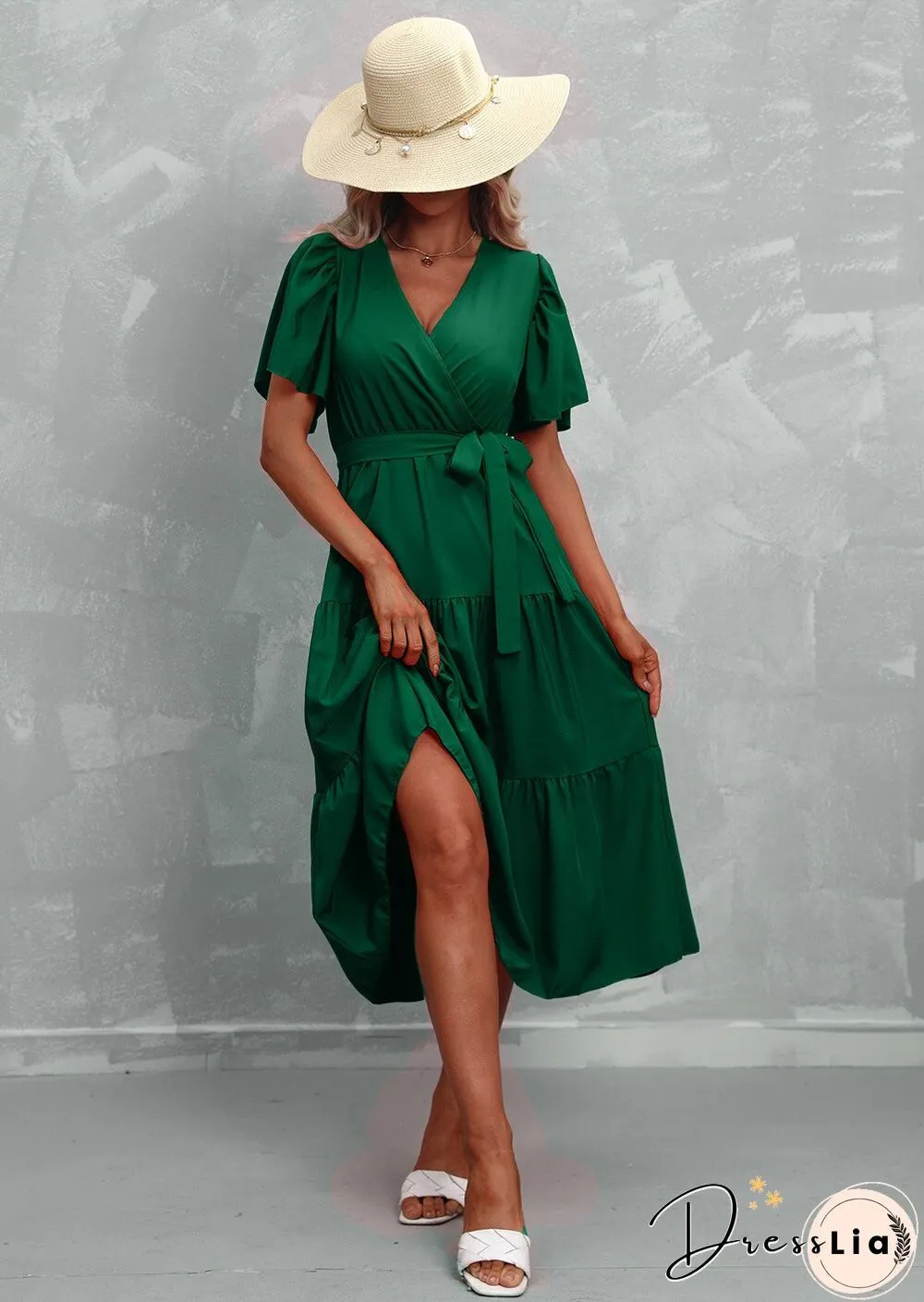 Elegant Womens Summer Dress & Casual Lace-Up Solid Color Neck High Waist Short Sleeve