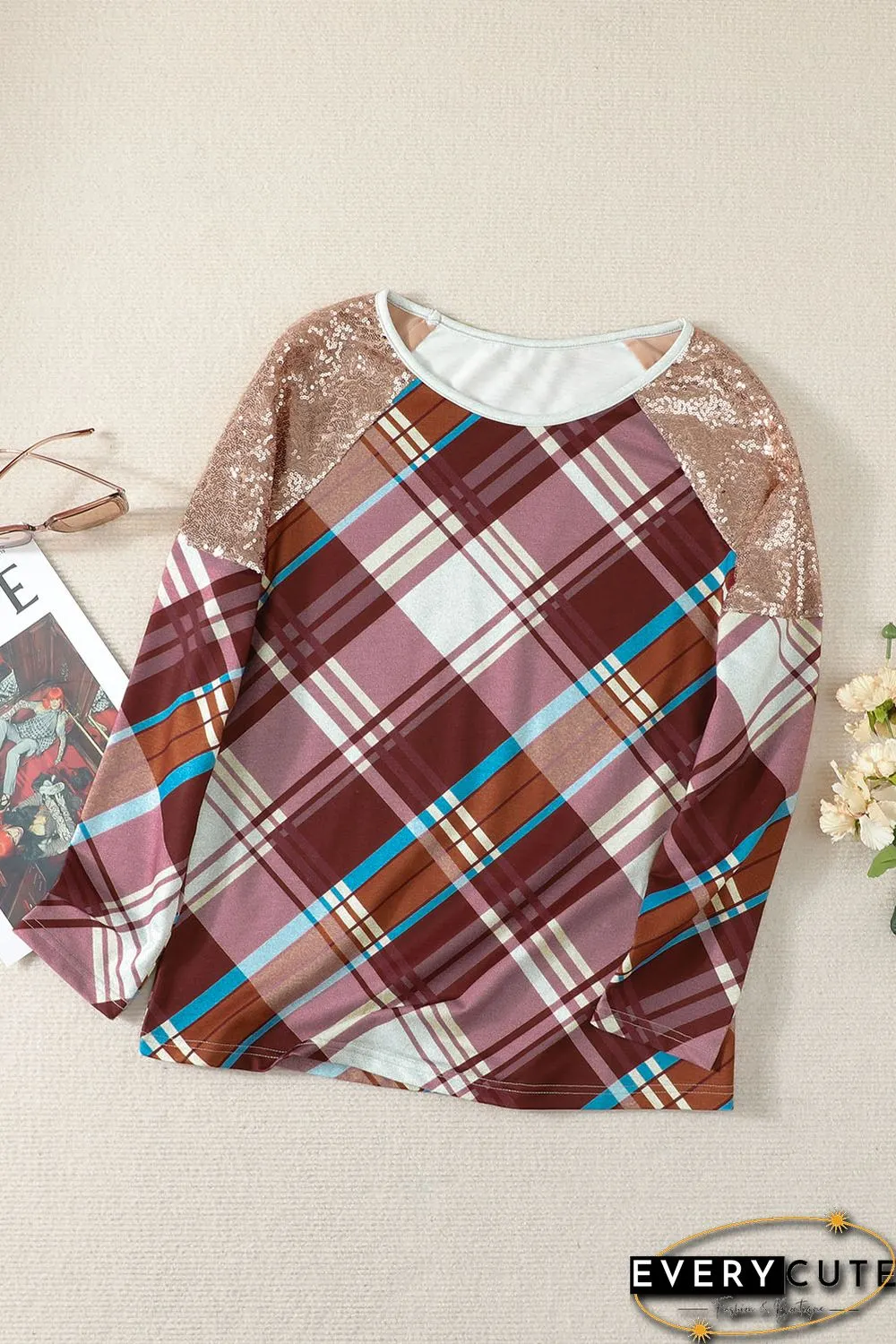Sequin Shoulder Splicing Plaid Long Sleeve Top