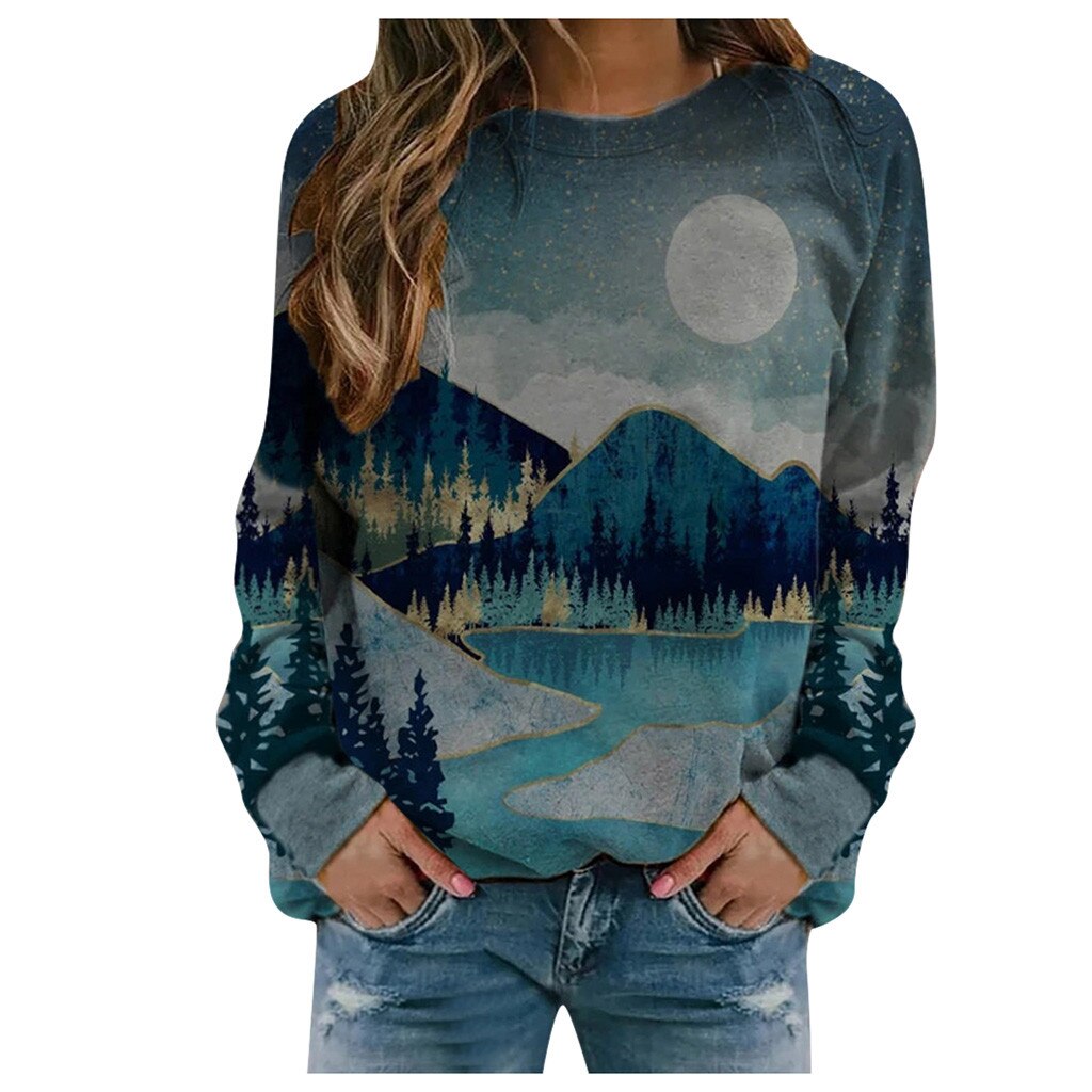 Women's Print Long-sleeved Sweatshirt Casual Blouse Pullover