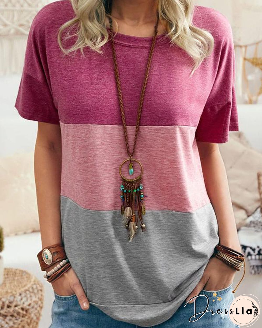 Women Summer Color Stitching Casual T-shirt