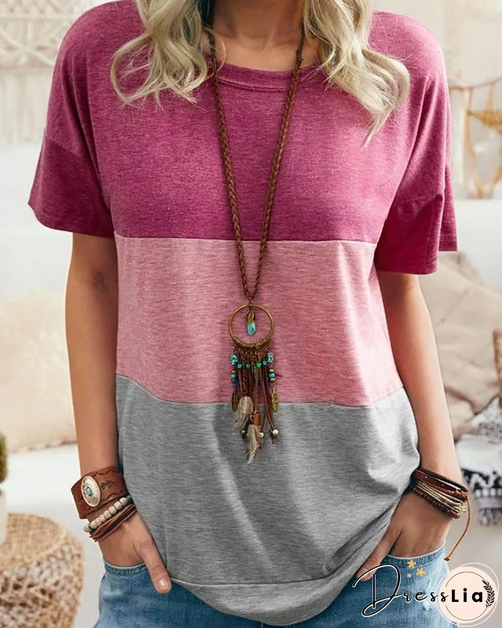 Women Summer Color Stitching Casual T-shirt