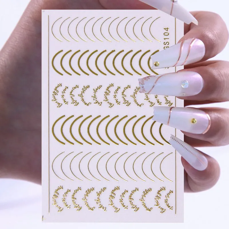 3D Lines Nail Stickers DIY Rose Gold Metal Stripe Lines Letters Decals Curve Nail Art Sliders Self Adhesive Decorations Manicure-Nail Inspo