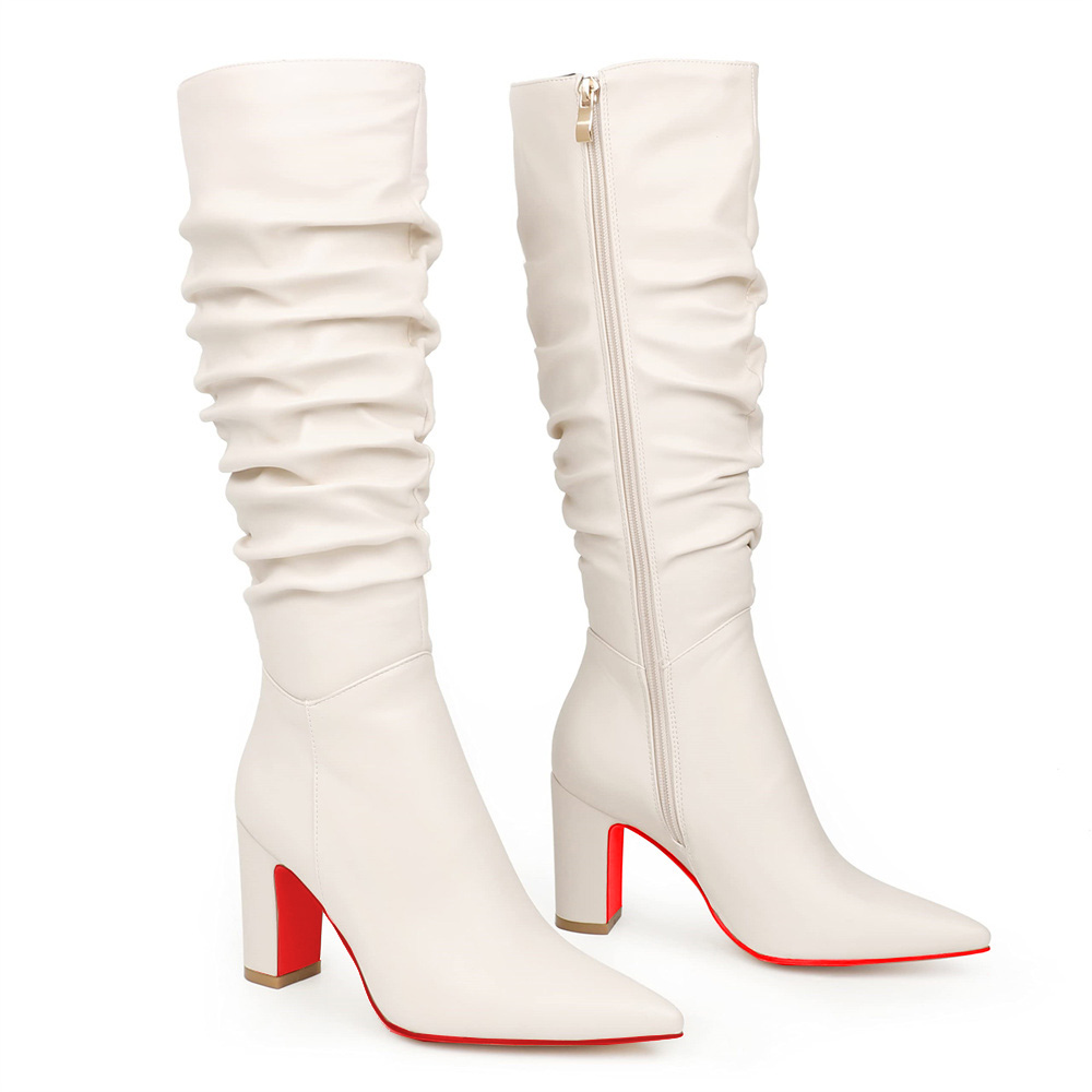 3.35"/8.5cm Women's Knee Red Bottom Boots Chunky Heels Zipper Fashion Sexy Matte Slouchy Boot-MERUMOTE