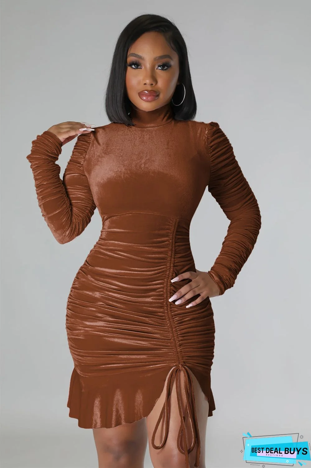 Velvet Long Sleeve Ruched Drawstring Mini Dress