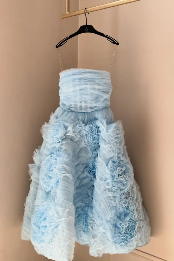 Sky Blue Straight Across Pleated Handmade Flower Sleeveless Mini Prom Dress YK0096