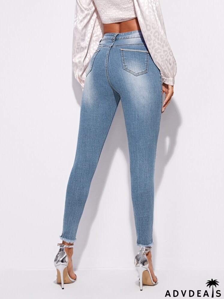 High Stretch Raw Hem Ripped Skinny Jeans