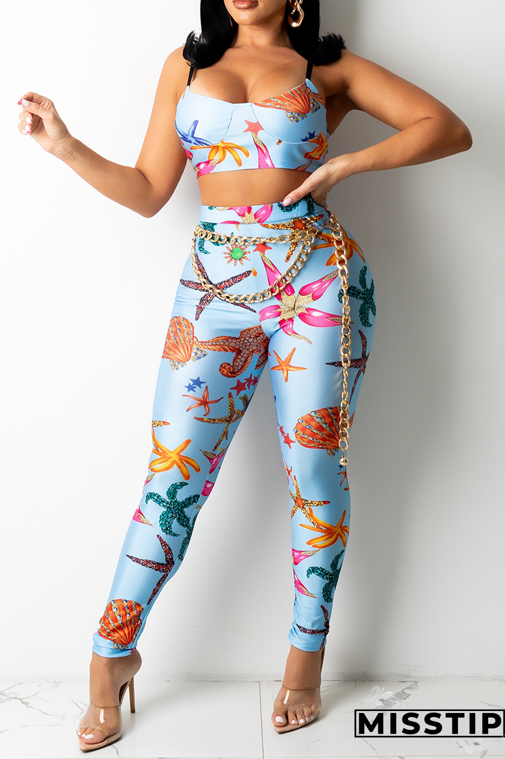 Blue Sexy Print Patchwork Spaghetti Strap Sleeveless Two Pieces