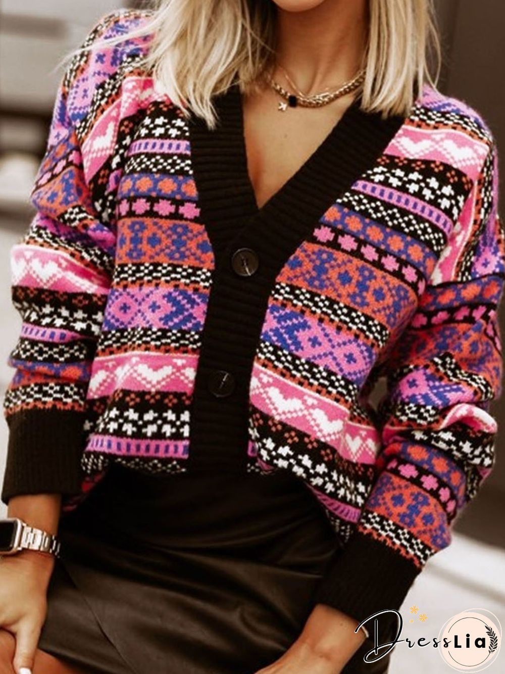Casual Wool/Knitting Geometric Jacquard V Neck Sweater Coat