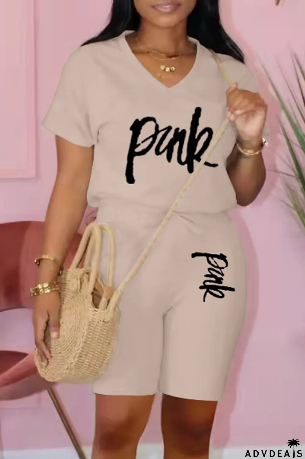 Apricot Fashion Casual Letter Print Basic V Neck Short Sleeve Two Pieces