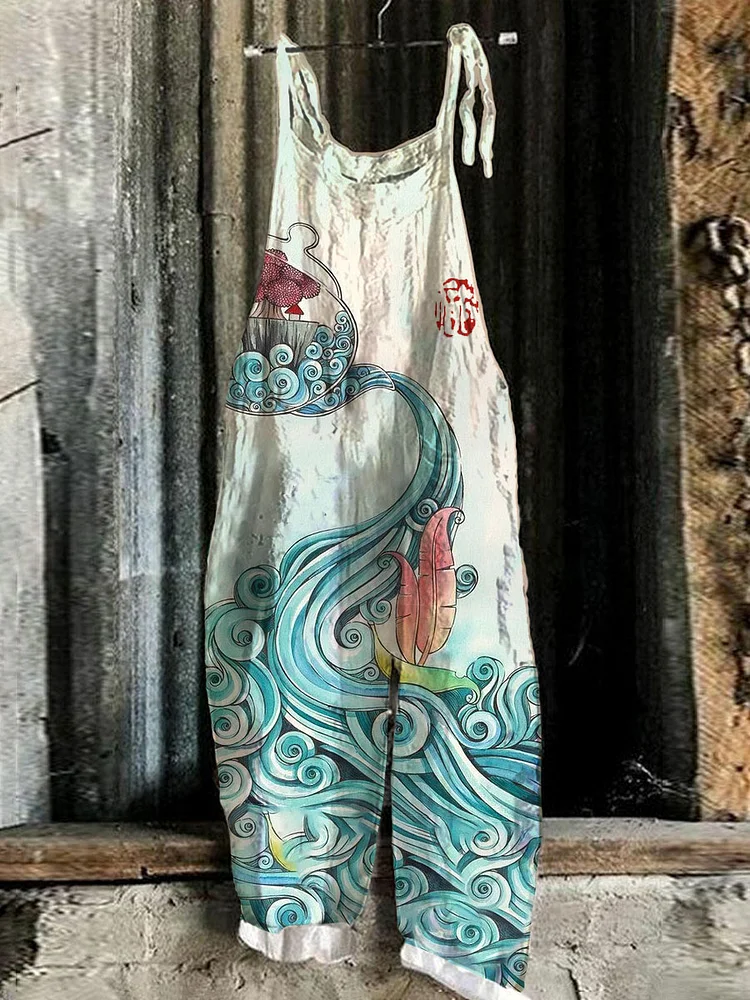 Japanese Art Waves & Sails Linen Blend Loose Casual Jumpsuit-2