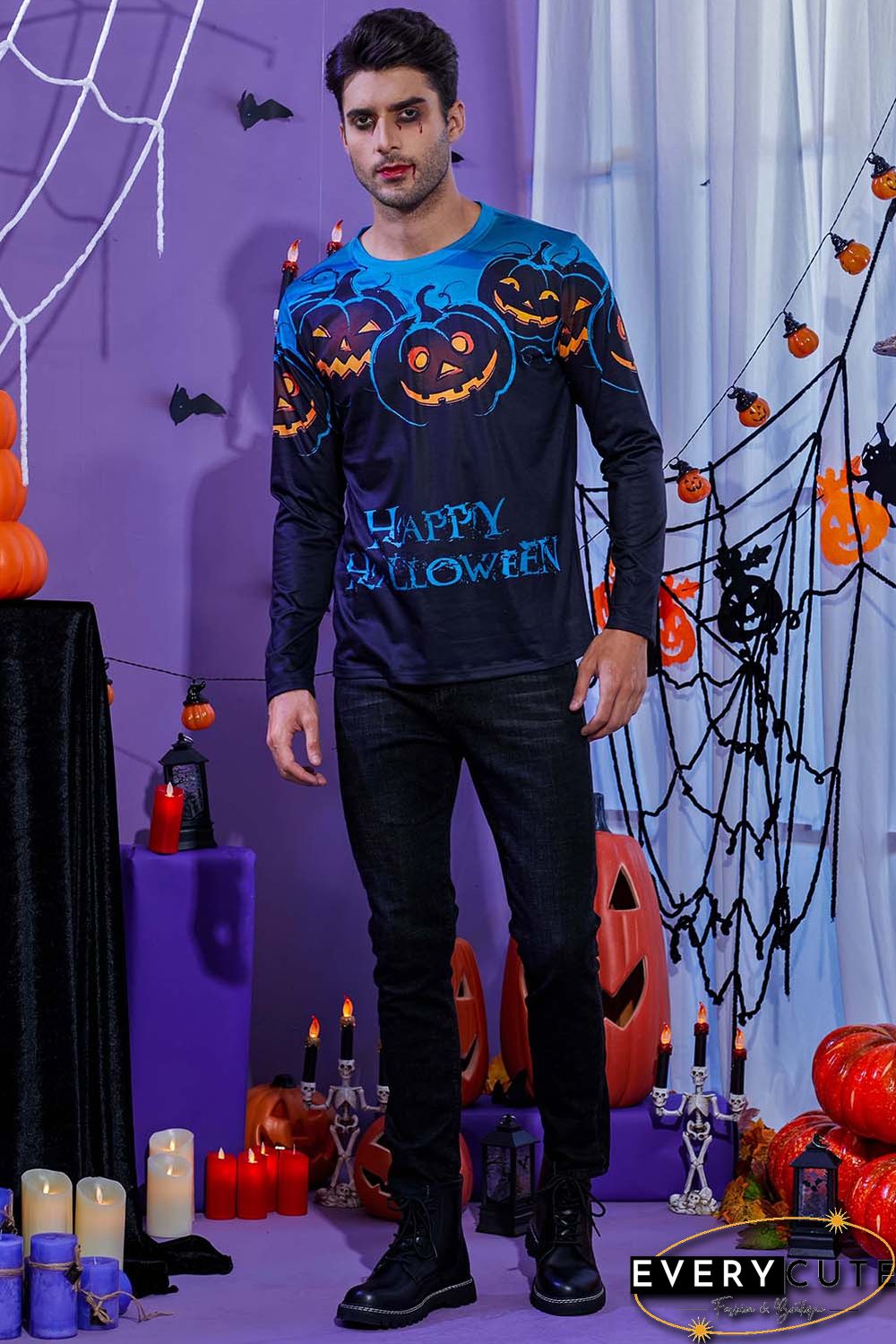 Men's 3D Halloween Pumpkin Print Knit Long Sleeve T-Shirt
