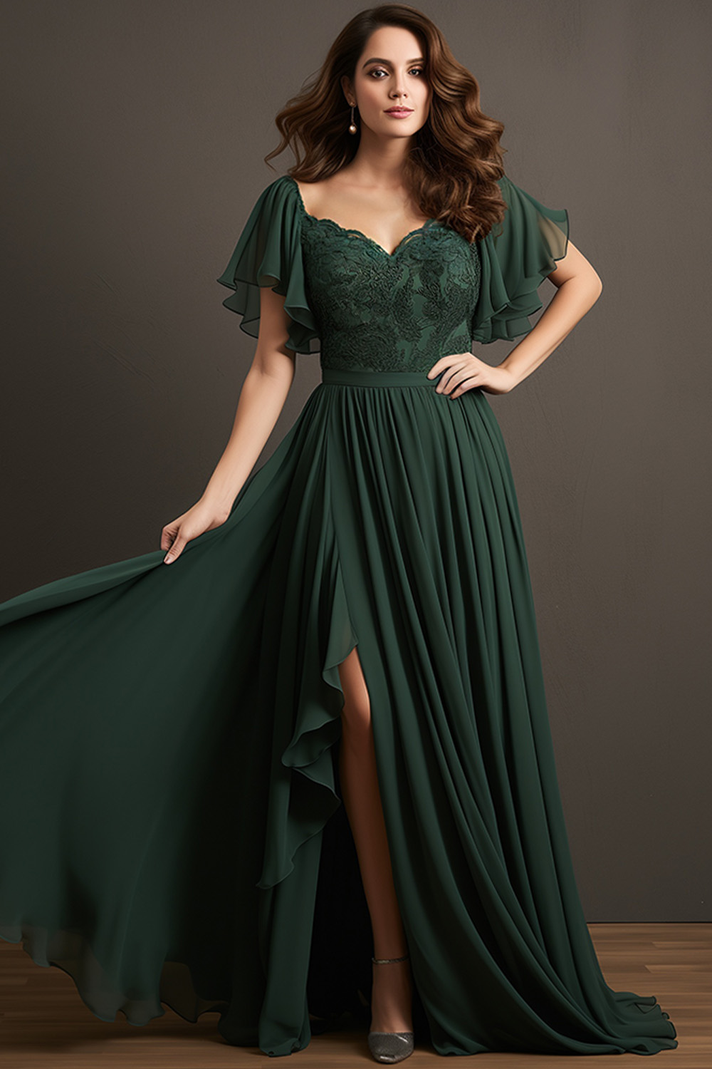 Flycurvy Plus Size Mother Of The Bride Dark Green Chiffon Lace Flutter Sleeve Slit Maxi Dress 2024 - Flycurvy 