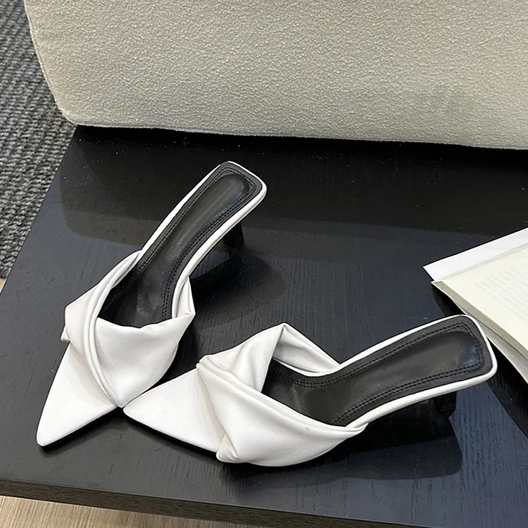 Liyke 2024 Summer High Heels Women Slippers &ndash; Pleated Leather Slip On Sandals