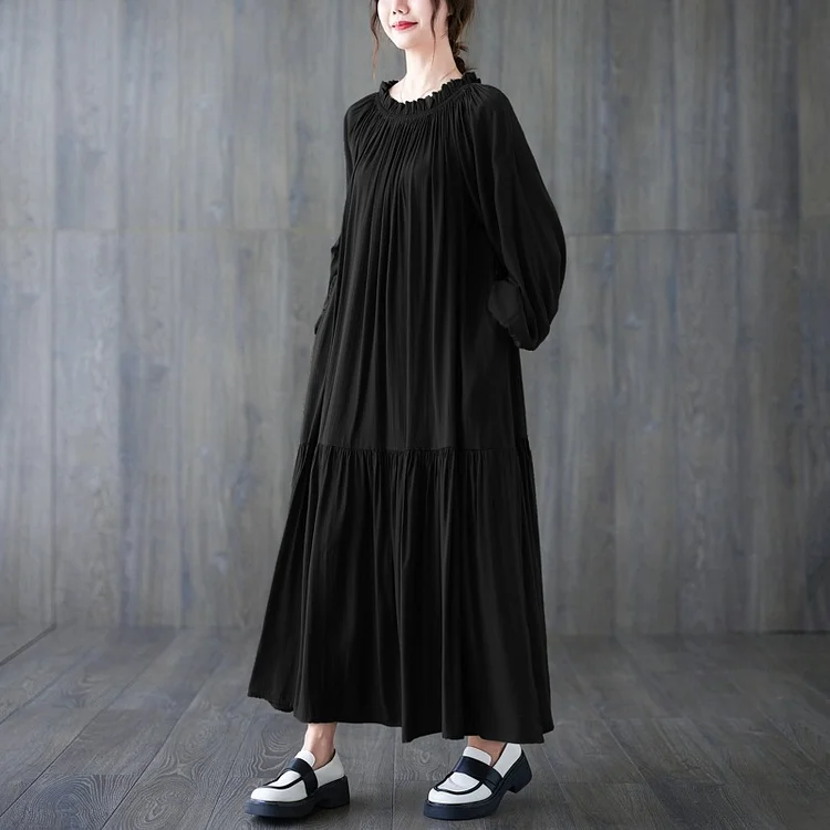Loose Pleated Long Sleeve Round Neck Maxi Dress - yankia