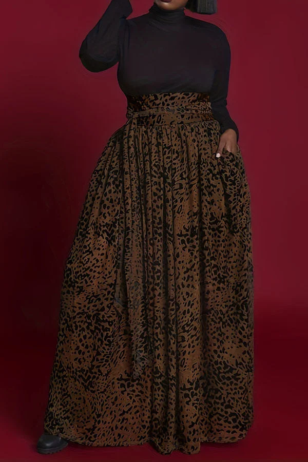 Leopard Print Versatile Swing High Waist Skirt