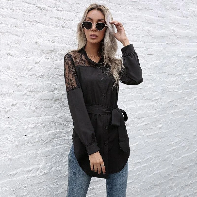 Women  Lace Patchwork Shirt Casual Long Sleeve Single Breasted Sashes Blouse Spring New Fashion Vintage Solid Color Shirts