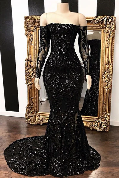 Daisda Shining Black Lace Long Sleeves Strapless Mermaid Long Prom Dress
