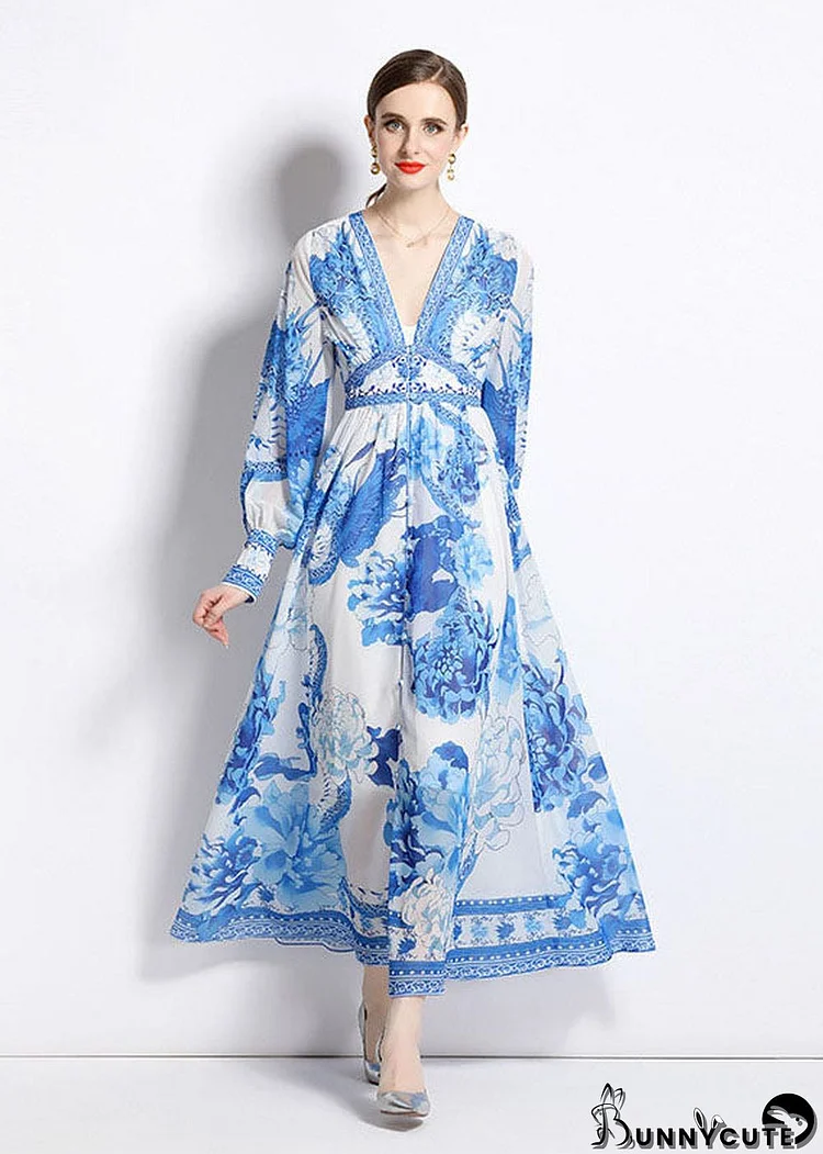 Boho Blue V Neck Print Patchwork Chiffon Vacation Dresses Long Sleeve