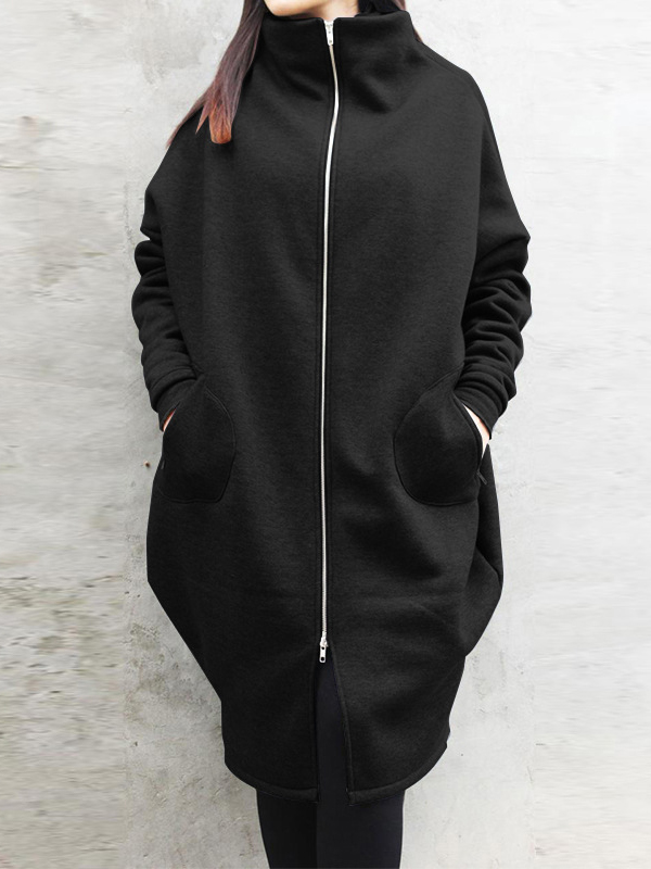 Loose Solid Color Pocket Zipper Outwear