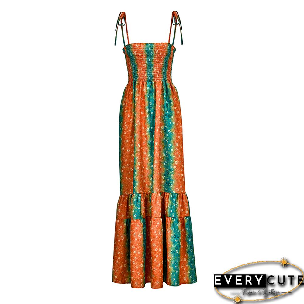 Orange Floral Print Spaghetti Straps Maxi Boho Dress