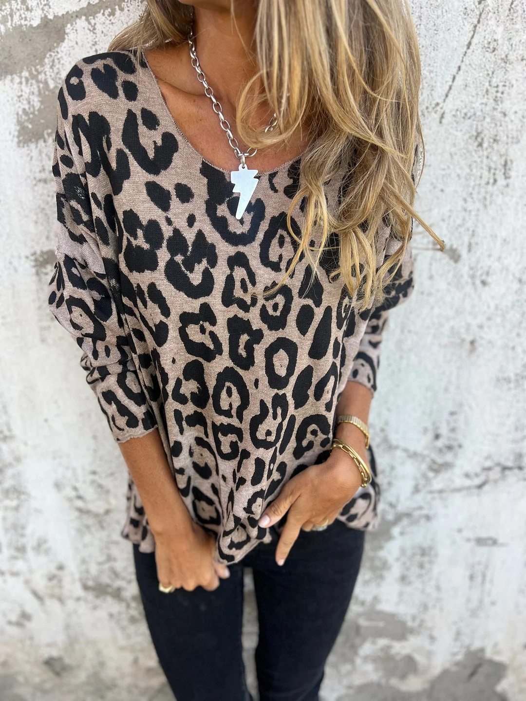 Women's V-Neck Leopard Casual Loose Sweater
