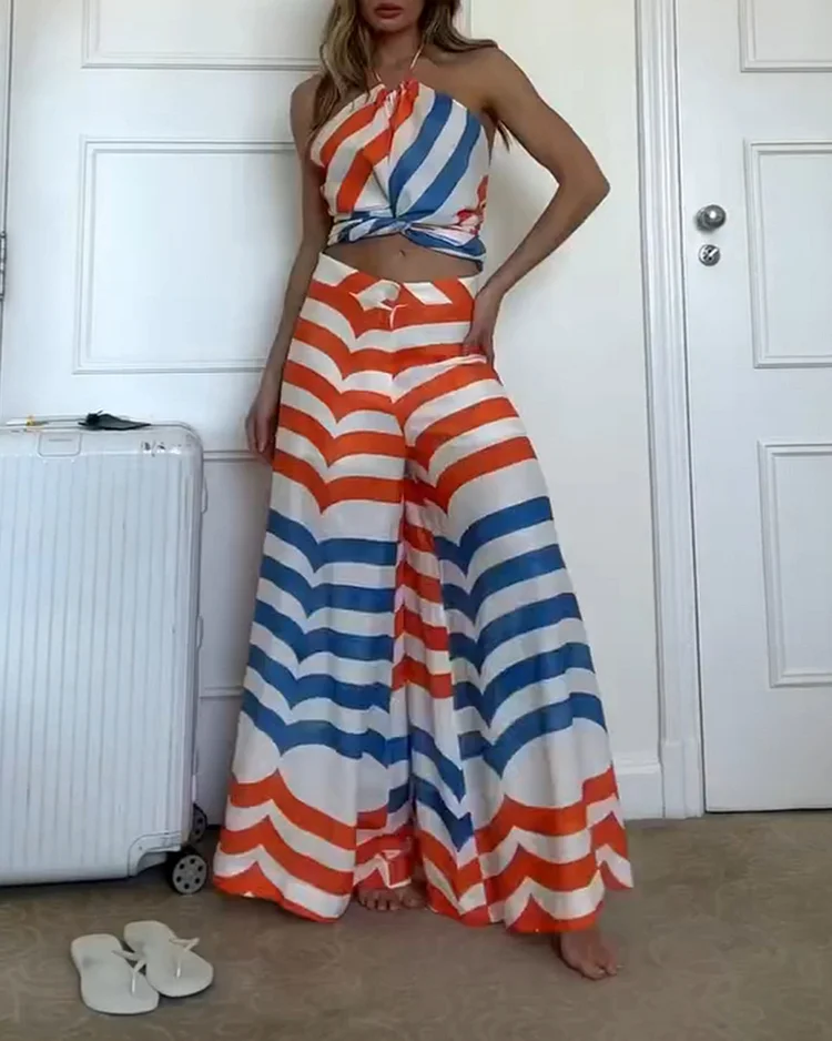 Women's Striped Print Halter Pants Resort Set