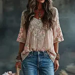 Women's Floral Rose Embroidery Art Comfy Linen Tank Top - Image 2