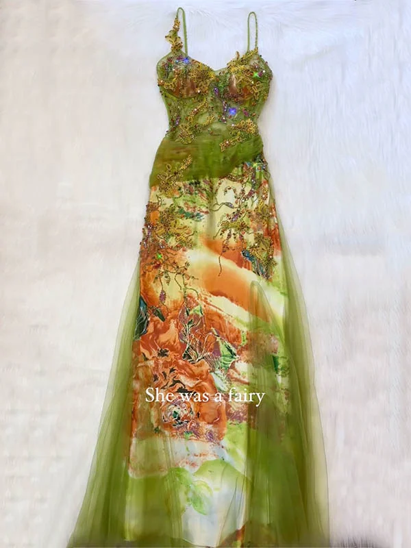 Sequinned Flower Embroidered mesh splicing Sleeveless Spaghtti-Neck Evening Maxi Dresses