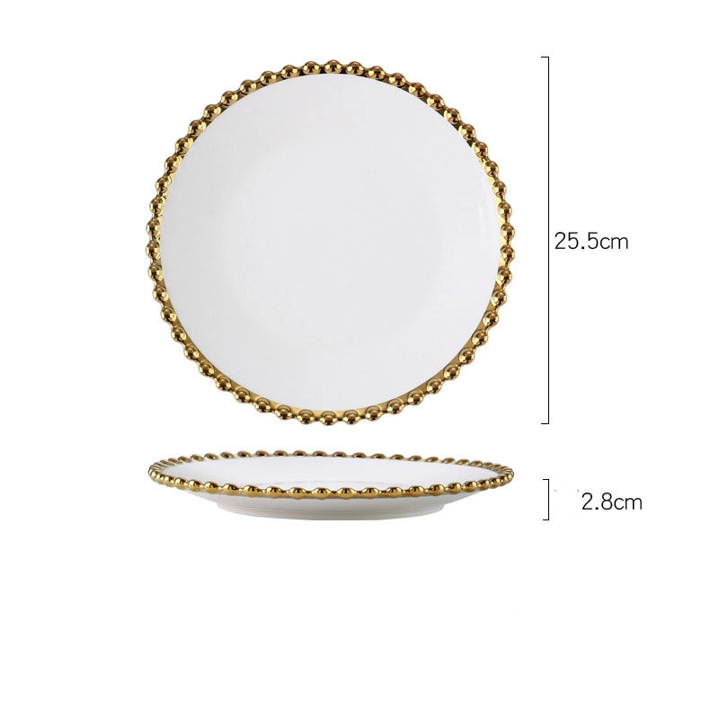 Light Luxury Style Phnom Penh Pearl Point Ceramic Bowl Plate Tableware Household Western Food Plate Steak Plate Fruit Salad Bowl Dessert Bowl