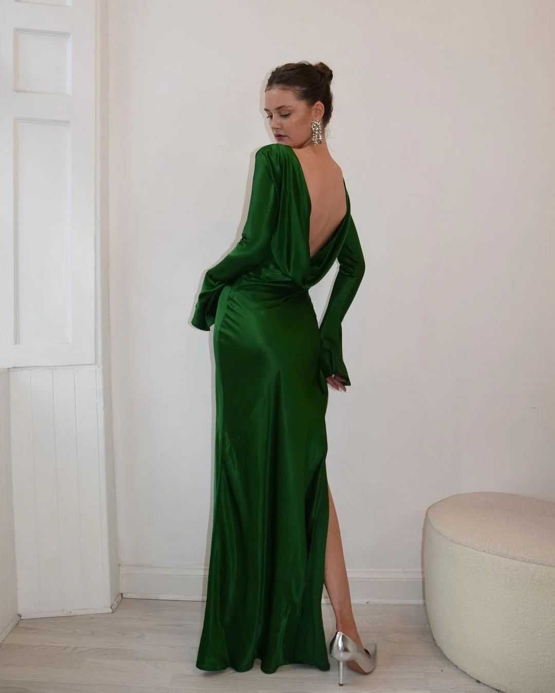 Daisda Simple Dark Green Satin Jewel Neck Long Sleeves Backless Long Prom Dress with Split