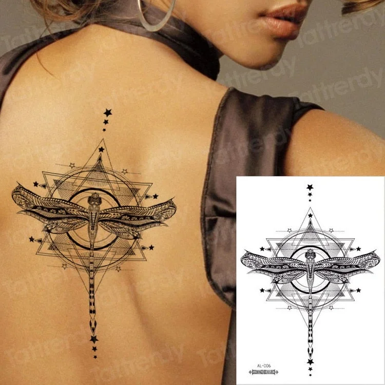 Waterproof Temporary Sticker Geometric dragonfly Sternum Tattoo Black Triangle Tattoos Body Arm Fake Tatoo Chains Sternal patch