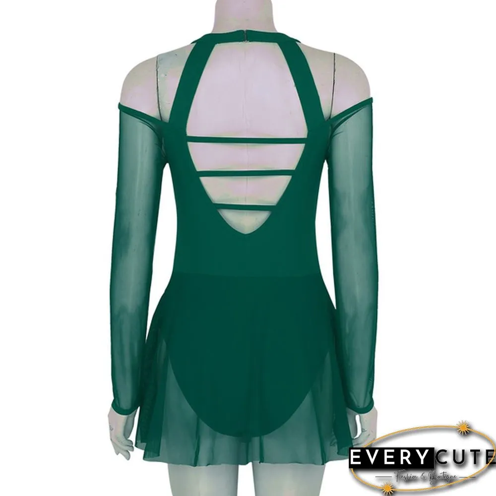 Women Adult Off The Shoulder Long Sleeve Halter Neck Mesh Bodysuit Ballet Dance Dress