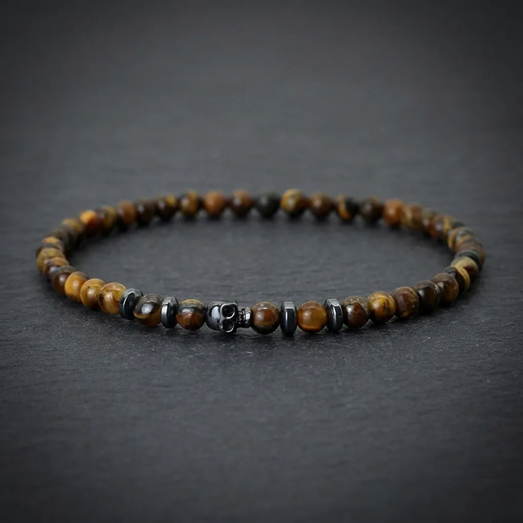JiStones Midnight Skull Series | 4mm Volcanic Lava & Tiger Eye Beaded Bracelet for Men Golden Tiger Eye