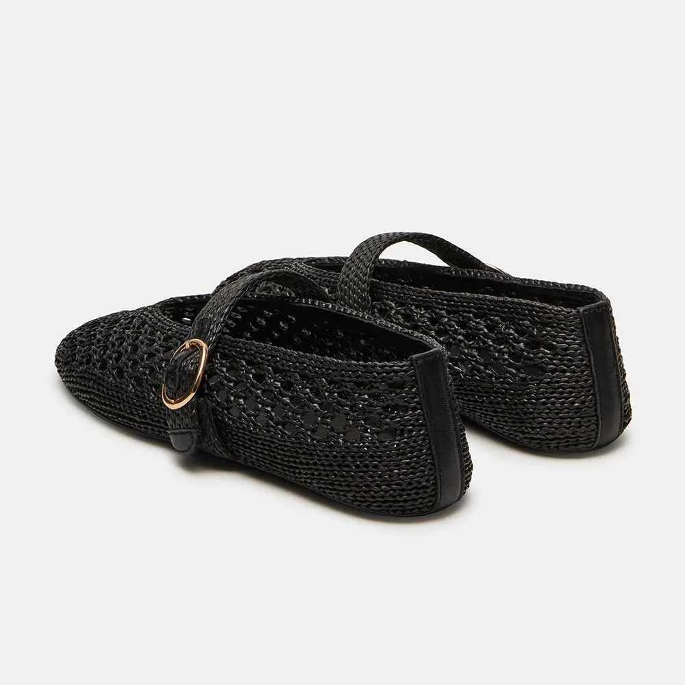 Black Raffia Round Toe Buckle Strap Mary Jane Flat Shoes Women
