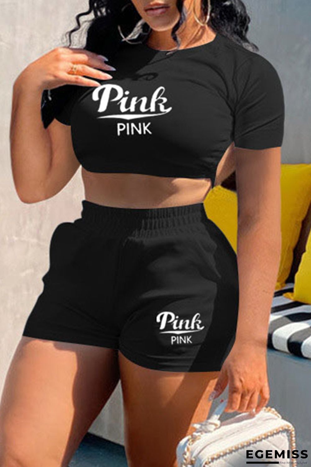 Black Fashion Casual Letter Print Bandage Backless O Neck Short Sleeve Two Pieces | EGEMISS