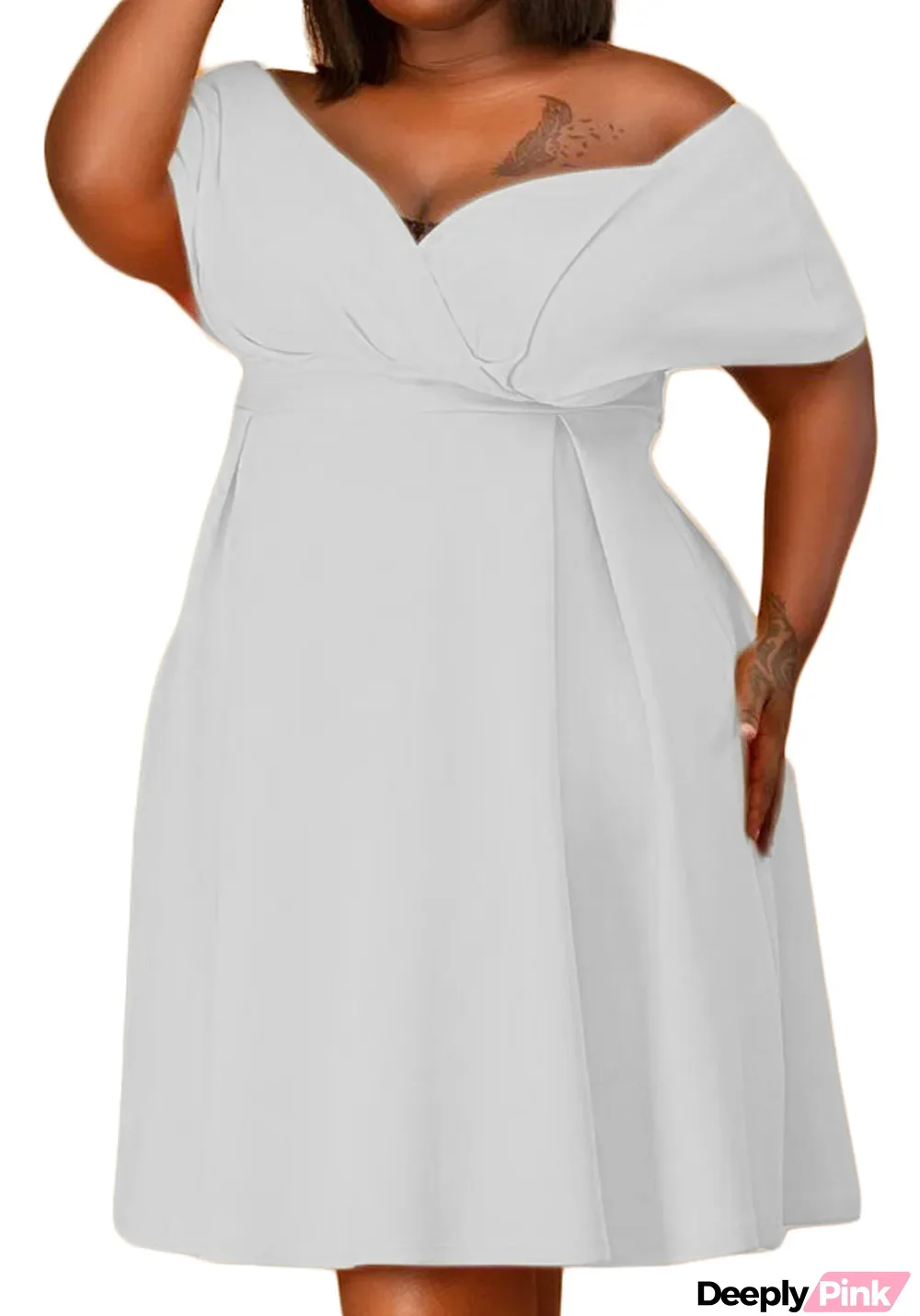 Women Summer White Sweet Off-the-shoulder Short Sleeves Solid Belted Midi A-line Plus Size Party Dress