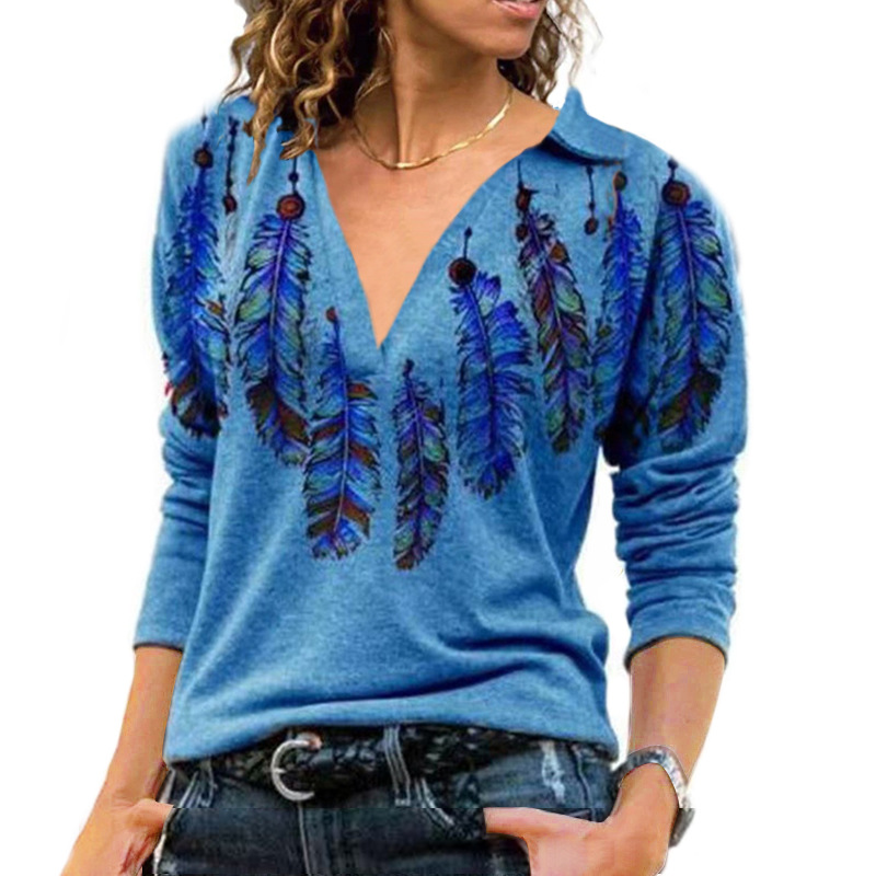 Fashion Long Sleeve Lapel Vintage Print Loose Casual Street Blouses