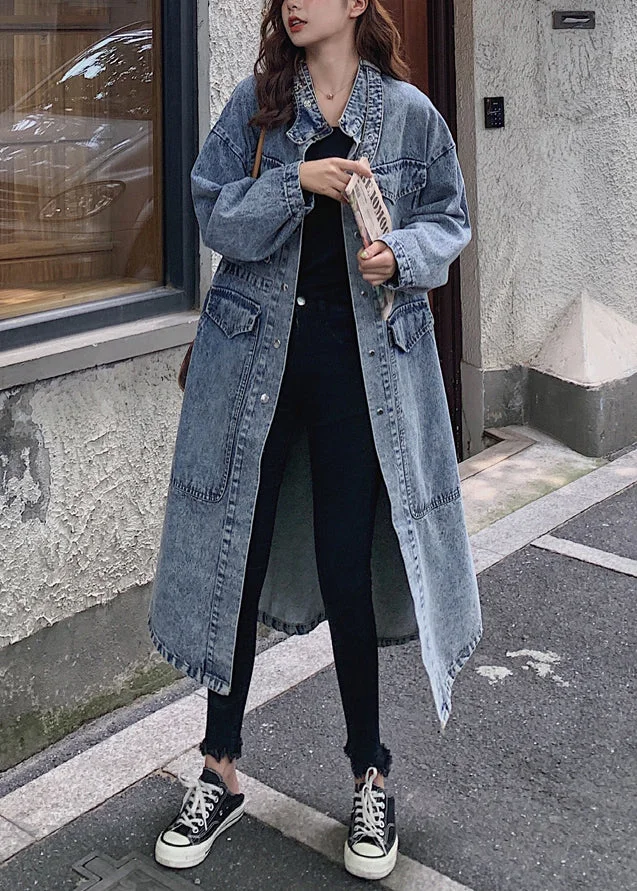 Loose Blue Button Pockets Patchwork Denim Long Trench Coats Fall