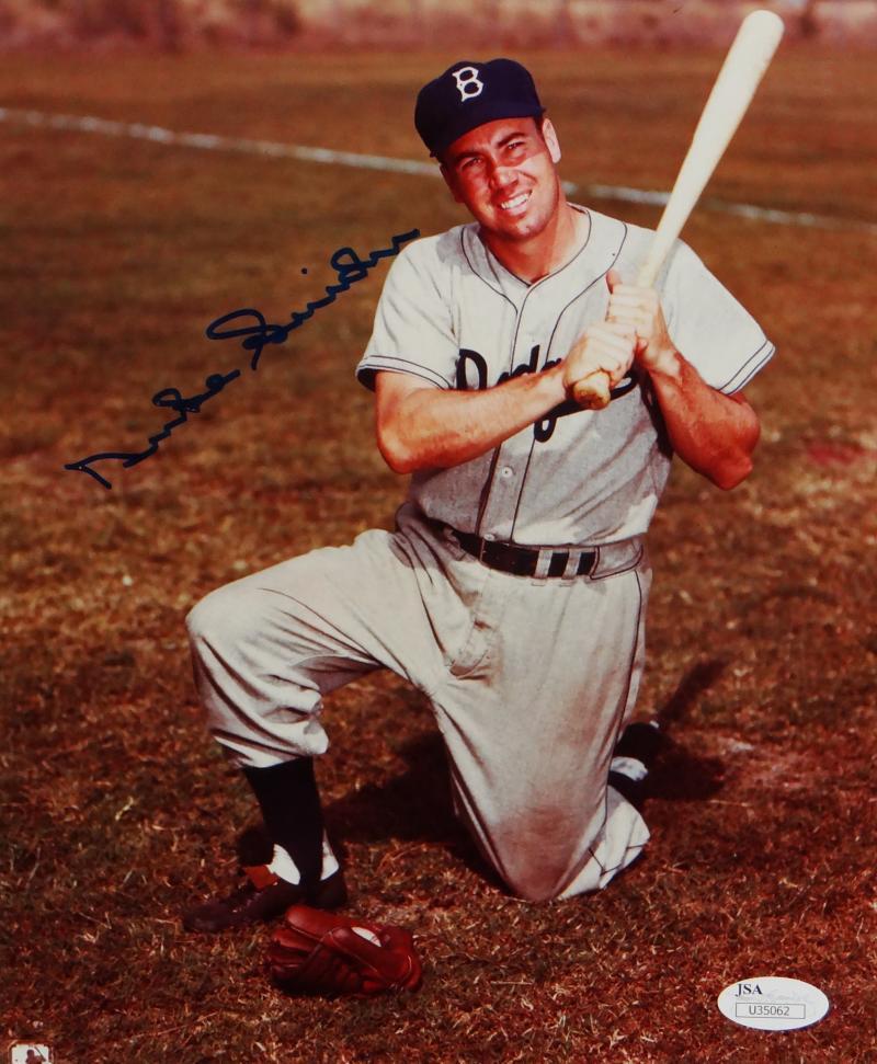 Duke Snider Signed Dodgers 8x10 Kneeling Holding Bat Up Photo Poster painting- JSA Auth *Blue