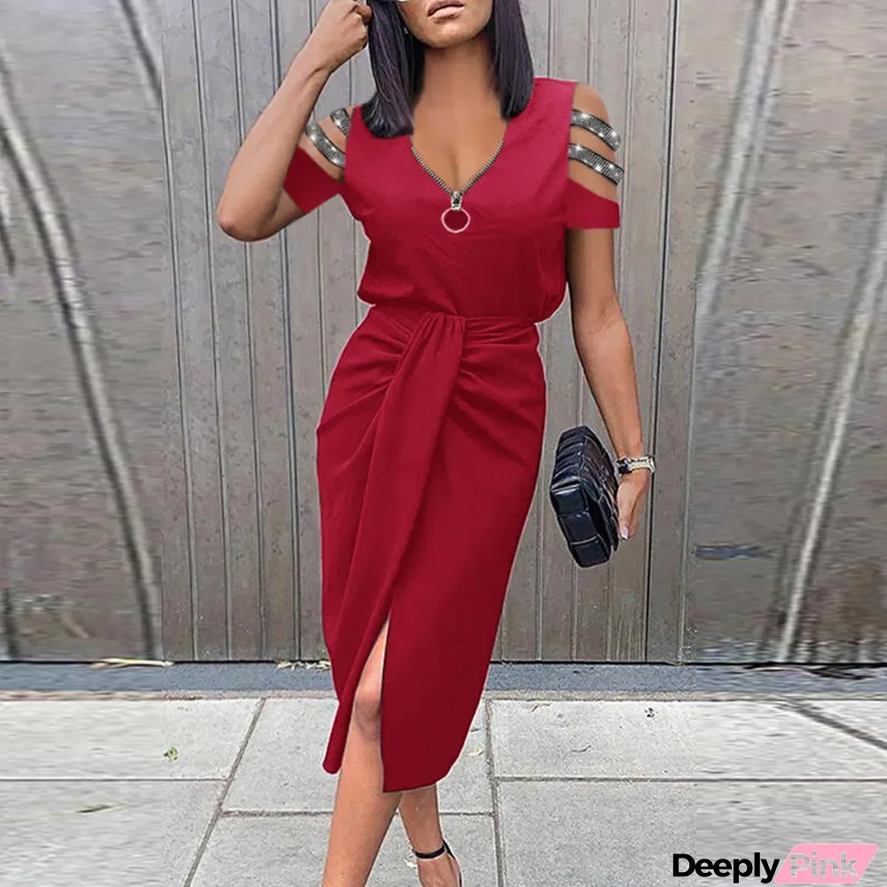 Women Cutout Pleated Short Sleeve Solid Zip V-Neck Dress