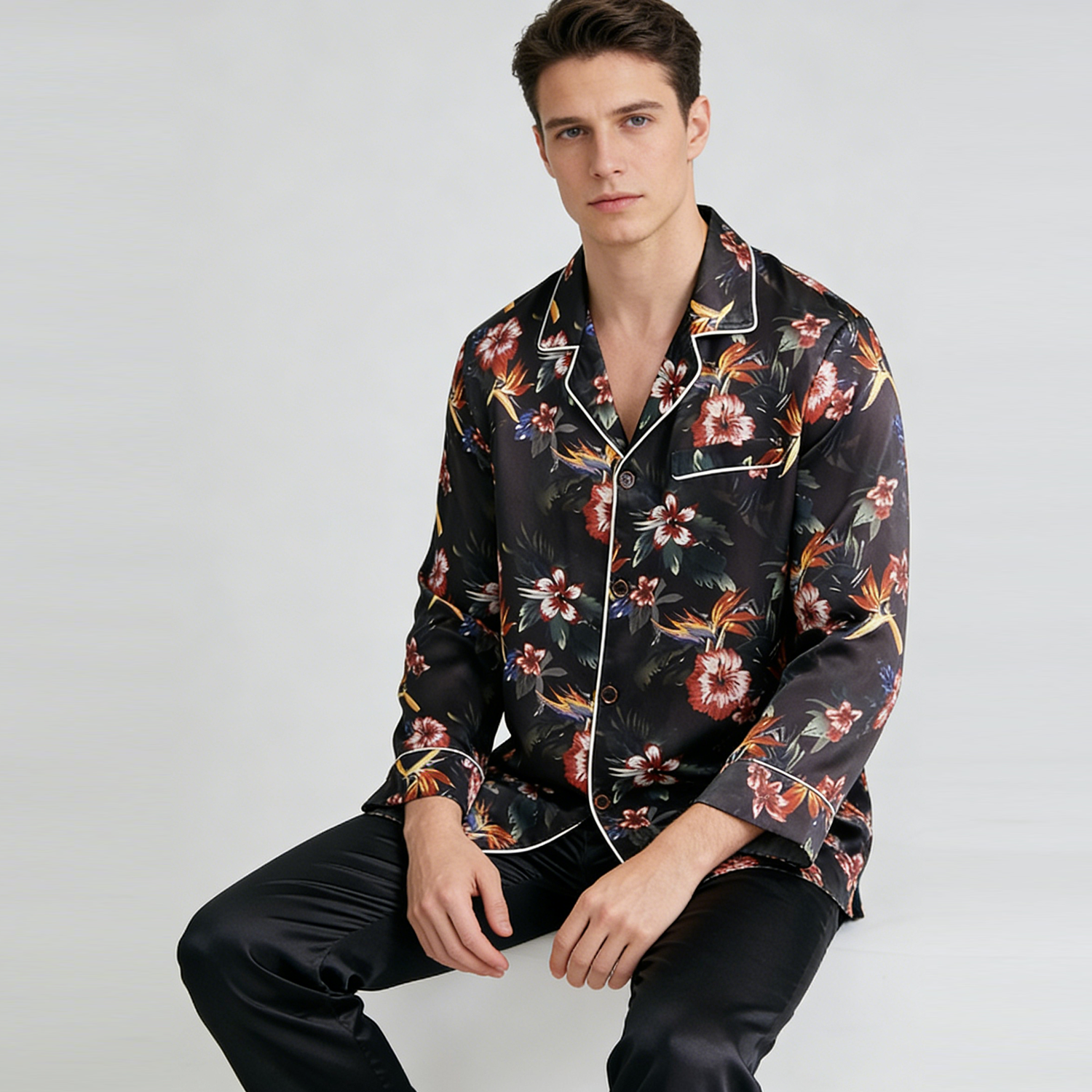 Men's Luxury 100% Mulberry Silk Pajama Long Sleeve＆Long Pants Set REAL SILK LIFE