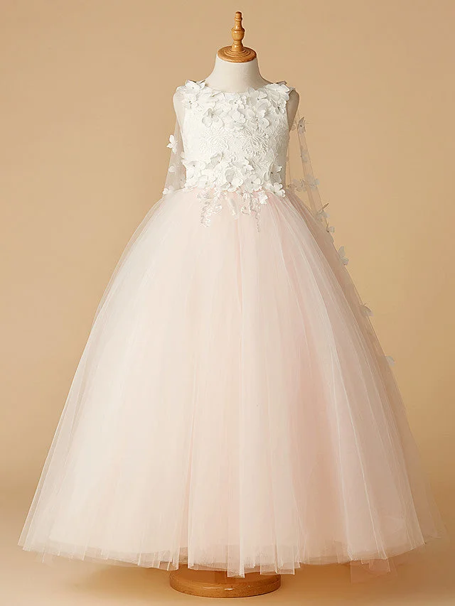 Daisda Ball Gown Sleeveless Jewel Neck Flower Girl Dresses Lace Tulle With Beading Appliques Flower