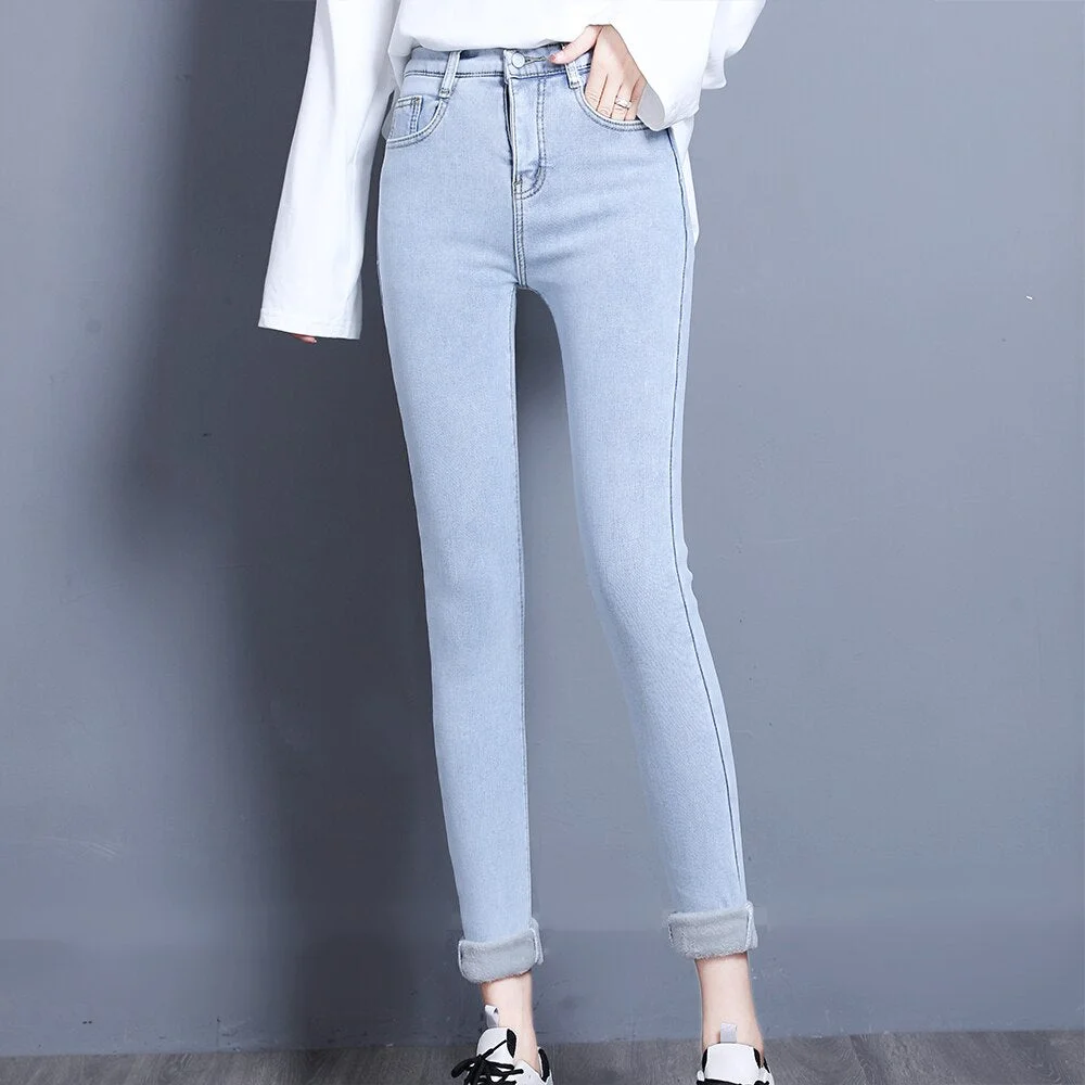 Winter warm jeans women high waist cotton elastic stretchy denim pants for ladies soft pencil pants slim fleece woman jeans