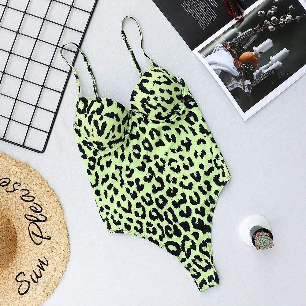 2021 Women Push Up  Swimwear One Piece Swimsuit Female Bather Leopard Printed Bathing Suit Swim Lady Monokini 5222