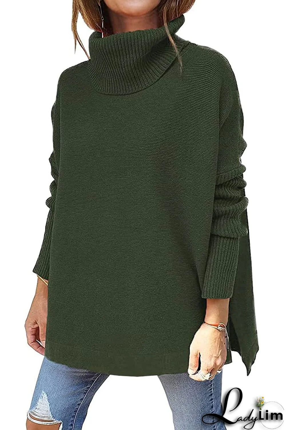 Turtleneck Sweater Loose Bat Sleeves Slit Hem Pullover Sweater Women Knitting Top