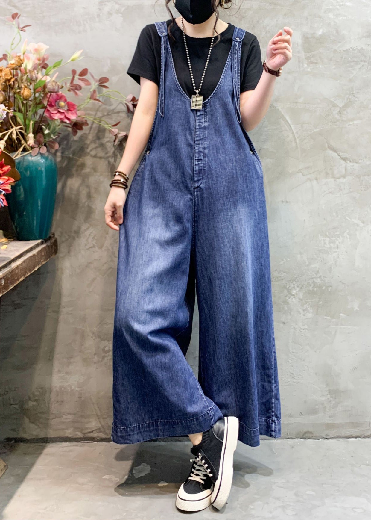 VCSHOES Blue V Neck Patchwork High Waist Denim Wide Leg Jumpsuits Spring