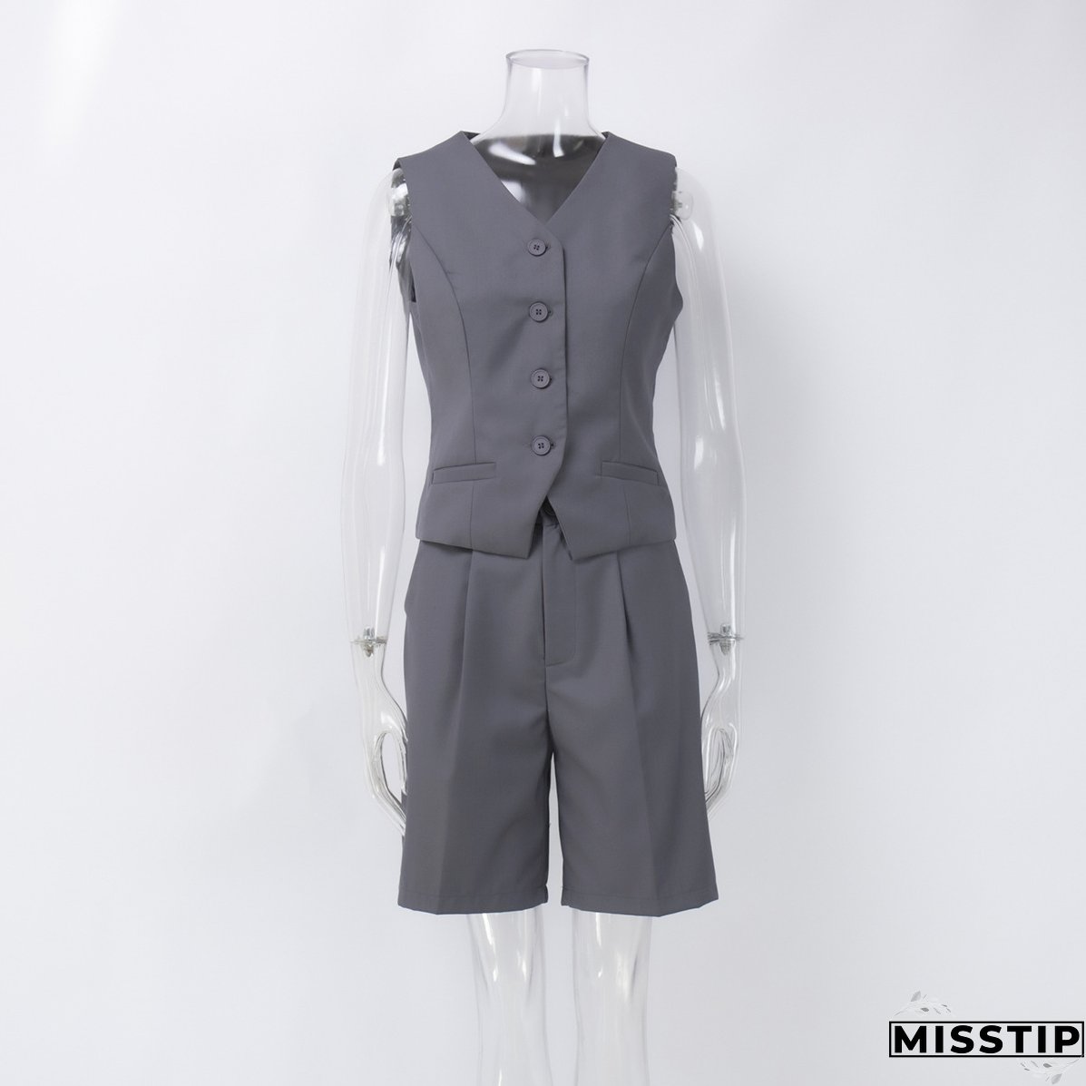 Women v-neck single-breasted vest + shorts two-piece set