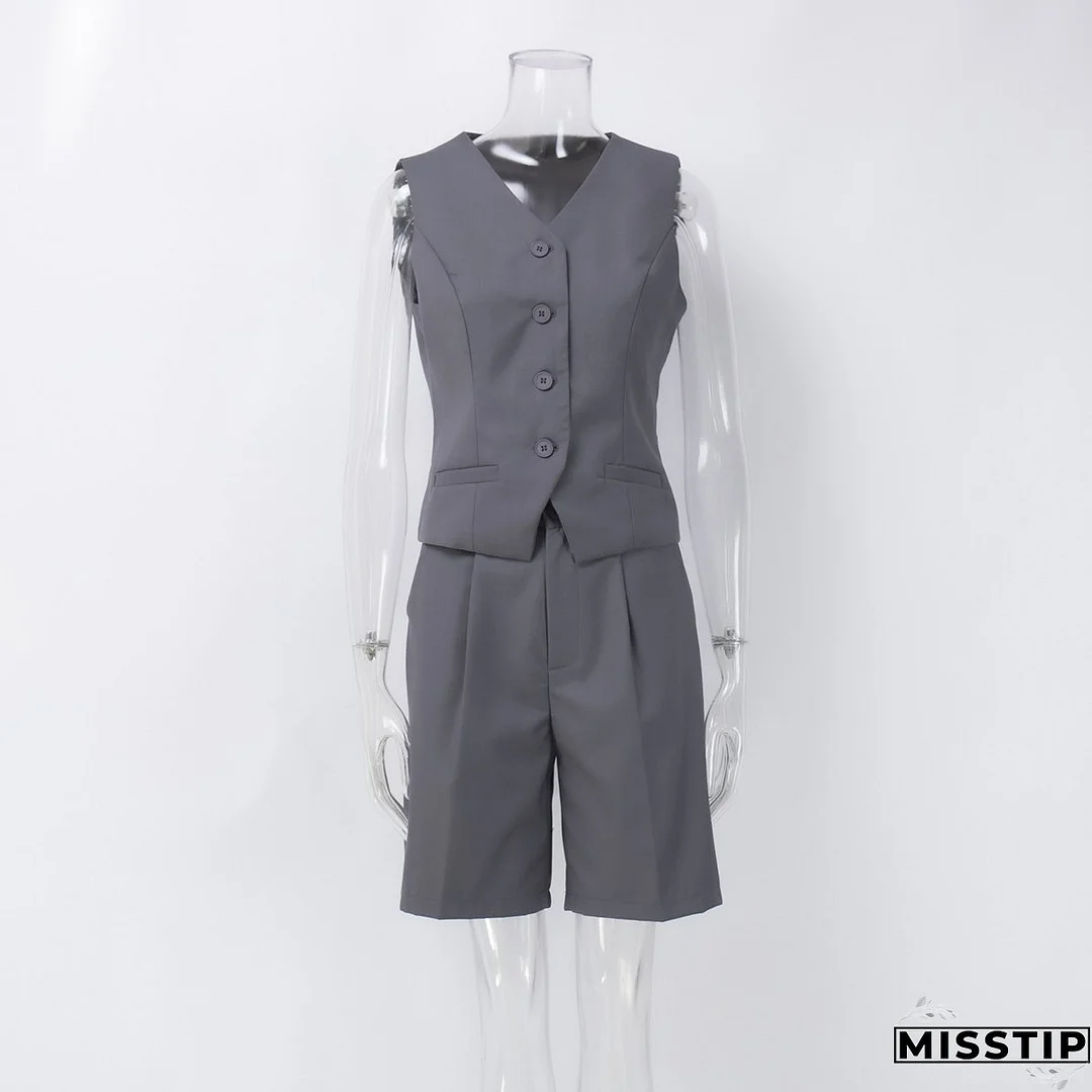 Women v-neck single-breasted vest + shorts two-piece set